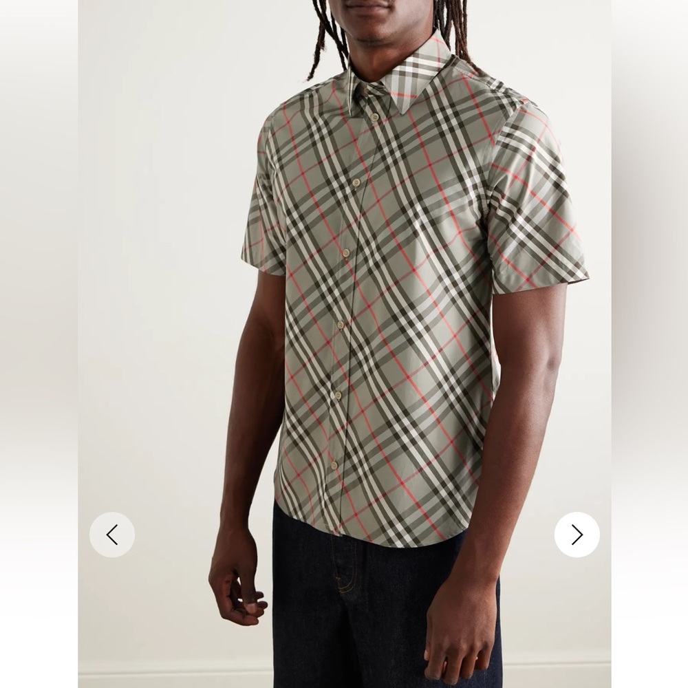 Burberry Men’s Cotton Poplin Short Sleeve Plaid Button-Down Shirt in Gray NWT